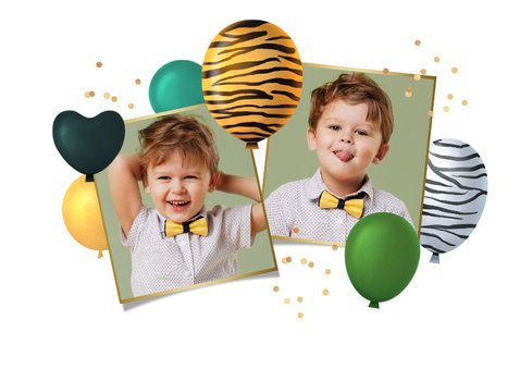 Verjaardagskaart kind jungle giraf zebra ballonnen tijger 2