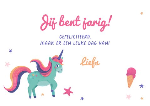 Verjaardagskaart kind unicorn eenhoorn sterretjes jarig 3