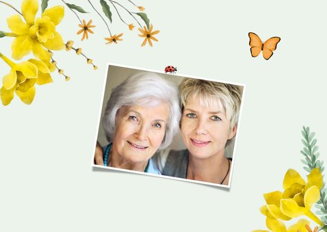 Verjaardagskaart lente bloemen narcissen vlinders 2