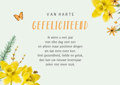 Verjaardagskaart lente bloemen narcissen vlinders  3