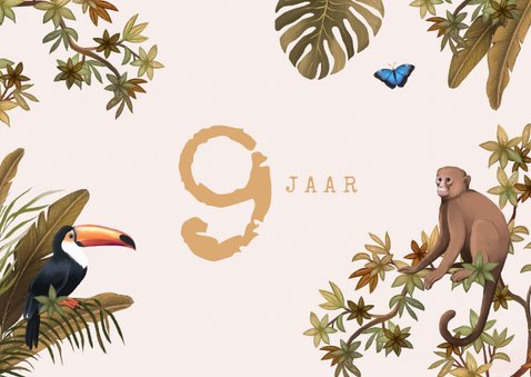 Verjaardagskaart meisje jungle tropisch dieren 2