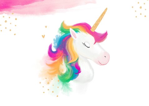 Verjaardagskaart meisje waterverf unicorn goud 2