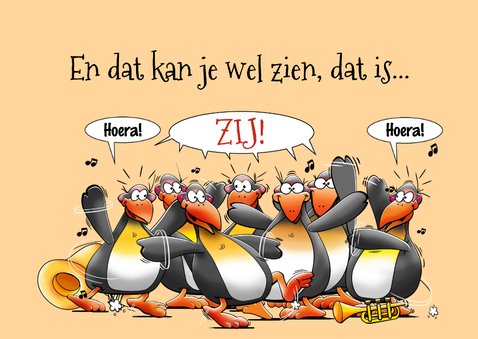 verjaardagskaart met 7 pinguïns die de jarige feliciteren 2