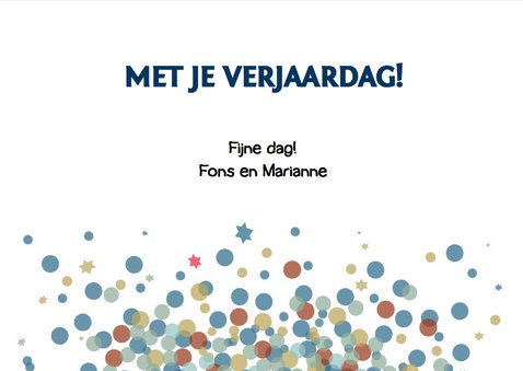 Verjaardagskaart met confetti en sterren in mooie kleuren 3