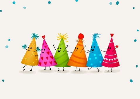 Verjaardagskaart met feesthoedjes die de polonaise dansen 2