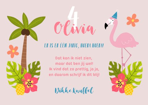 Verjaardagskaart met flamingo's en tropisch thema 3