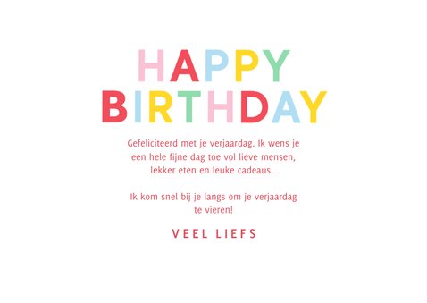 Verjaardagskaart met gekleurde letters happy birthday 3