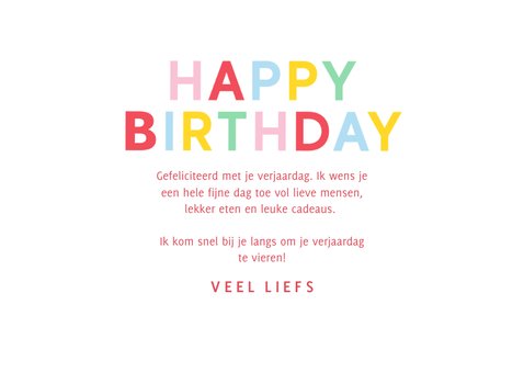 Verjaardagskaart met gekleurde letters happy birthday 3