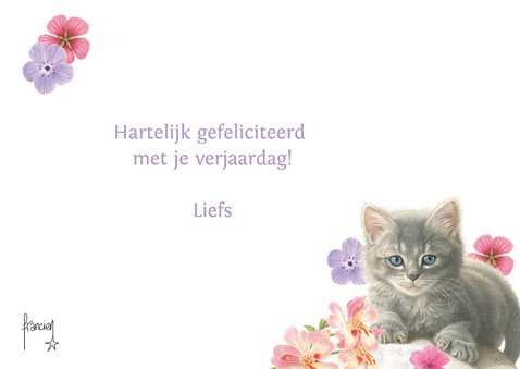 Verjaardagskaart met kitten Gijsje tussen de bloemen 3