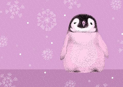 Verjaardagskaart met pinguïn in het lila 2