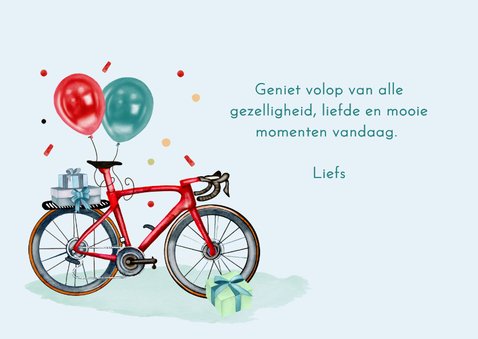 Verjaardagskaart rode fiets en ballonnen en confetti 3
