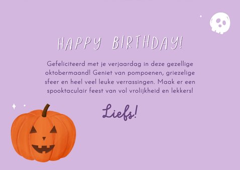 Verjaardagskaart spooky birthday pompoen vleermuis schedel 3