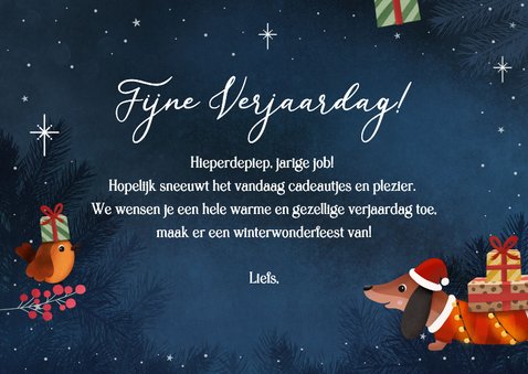 Verjaardagskaart teckel kerstkaart winter met roodborstje 3