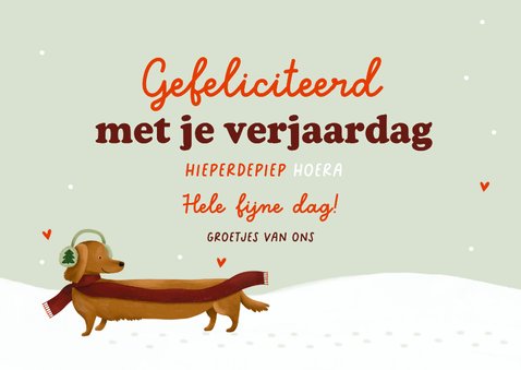 Verjaardagskaart teckel sjaal sneeuw warme verjaardag winter 3