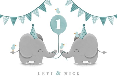 Verjaardagskaart tweeling olifantjes met ballon en slingers 2