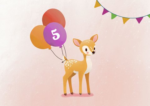 Verjaardagskaart voor meisje met lief hertje en ballonnen 2