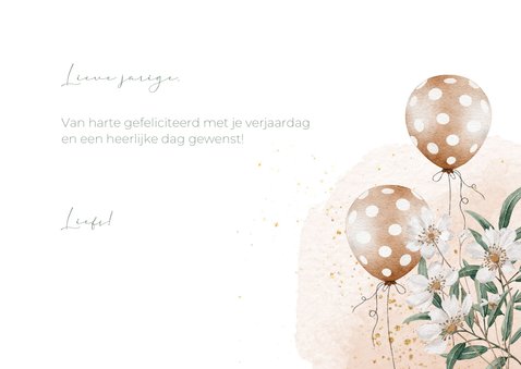 Verjaardagskaart vrouw met bloemen ballonnen en confetti 3