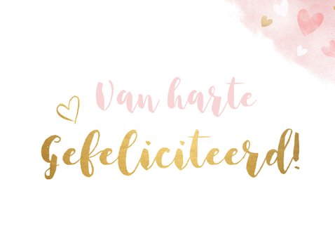 Verjaardagskaart vrouw - roze waterverf met gouden hartjes 2
