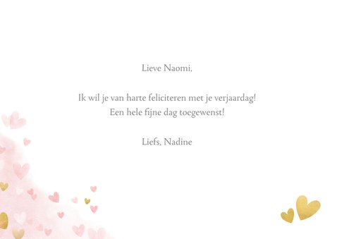 Verjaardagskaart vrouw - roze waterverf met gouden hartjes 3