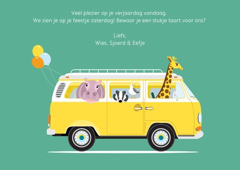 Verjaardagskaartje met een VW busje vol diertjes 3