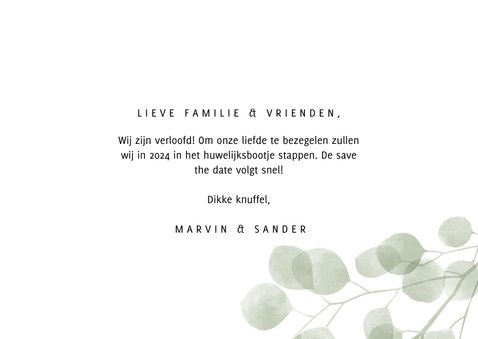 Verlovingskaart waterverf eucalyptus gouden 'we are engaged' 3