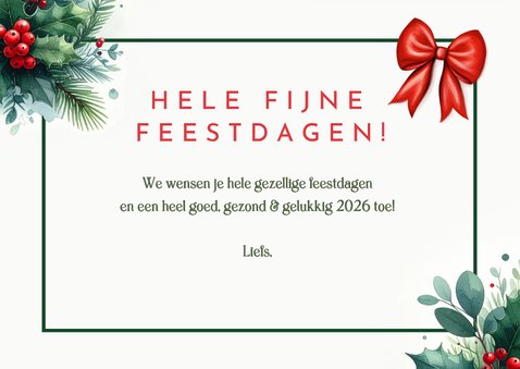 Vintage botanische kerstkaart met kersttakjes en strik 3