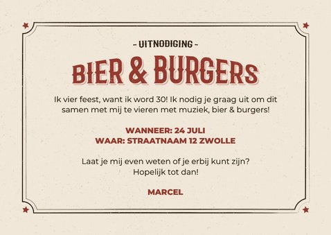 Vintagestijl uitnodiging bier & burgers beige  3