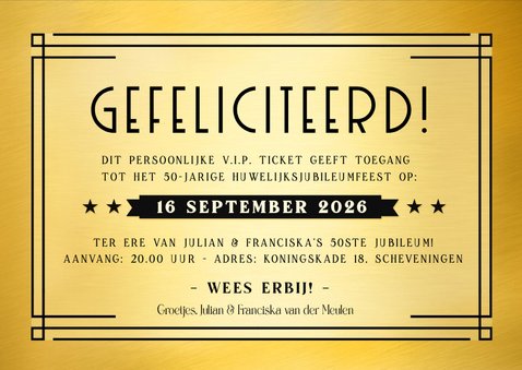 VIP ticket uitnodiging huwelijksjubileum met goudfolie druk 3