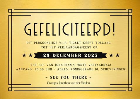 VIP ticket uitnodiging verjaardag feest met goudfolie print 3