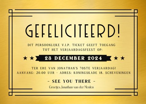 VIP ticket uitnodiging verjaardag feest met goudfolie print 3