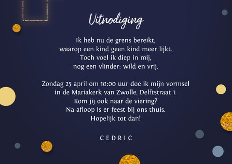 Vormsel communie uitnodiging goud kruis confetti 3