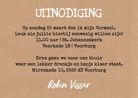 Vormsel uitnodiging kraft foto typografie 3
