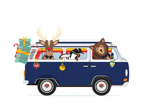 Vrolijk Volkswagen busje vol lieve kerst diertjes 3