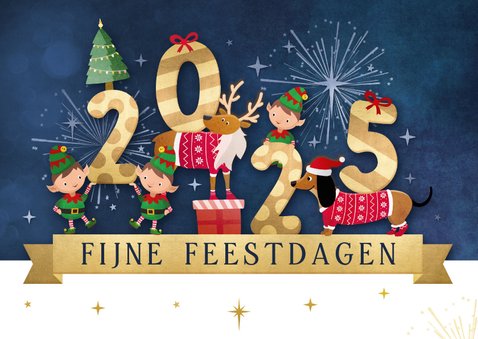 Vrolijke 2025 kerstkaart met illustratie van lieve diertjes 2