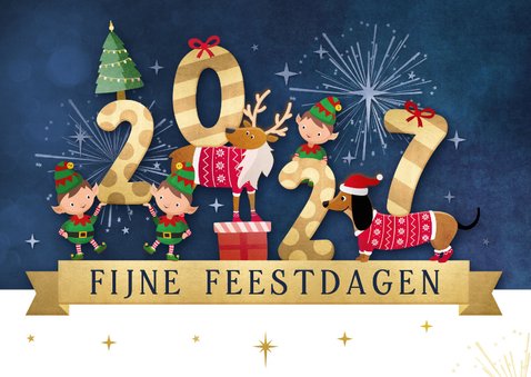 Vrolijke 2027 kerstkaart met illustratie van lieve diertjes 2