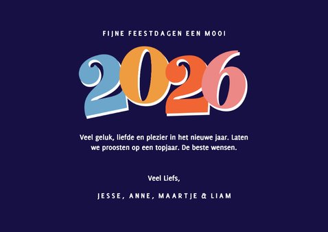 Vrolijke blauwe kerstkaart met gekleurd jaartal 3