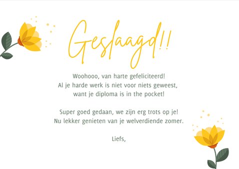 Vrolijke felicitatiekaart geslaagd kaart met gele bloemen 3