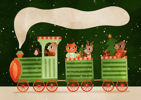 Vrolijke groene kerstkaart met een trein vol dierenvriendjes 2