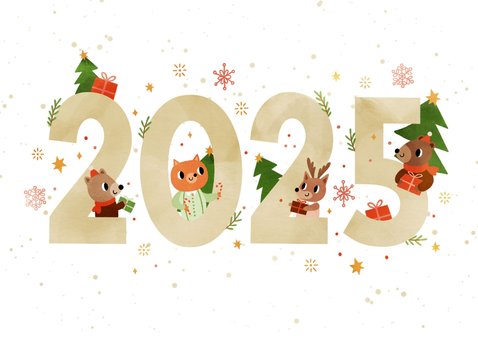 Vrolijke kerstkaart dieren met cadeautjes 2025 wit 2