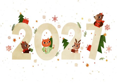 Vrolijke kerstkaart dieren met cadeautjes 2027 wit 2