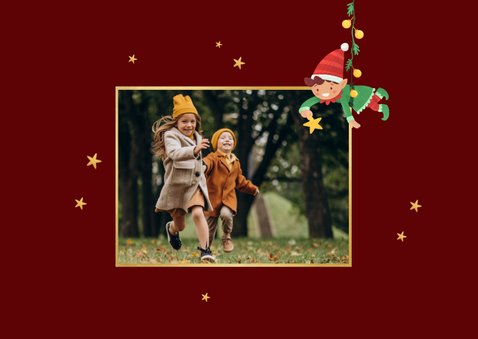 Vrolijke kerstkaart elfjes rendier foto sterren feestdagen 2
