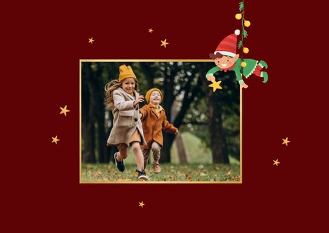 Vrolijke kerstkaart elfjes rendier foto sterren feestdagen 2