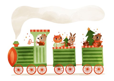 Vrolijke kerstkaart met een trein vol dierenvriendjes 2