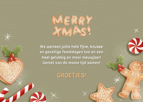 Vrolijke kerstkaart met kerstkoekjes, zuurstok en merry xmas 3