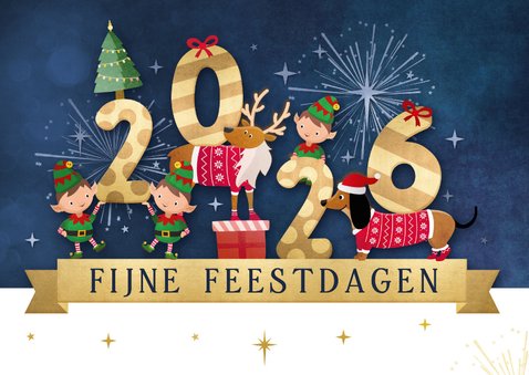 Vrolijke nieuwjaarskaart met lieve diertjes en 2026 2