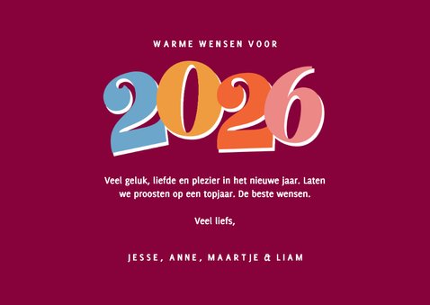 Vrolijke paarse nieuwjaarskaart met gekleurd jaartal 3