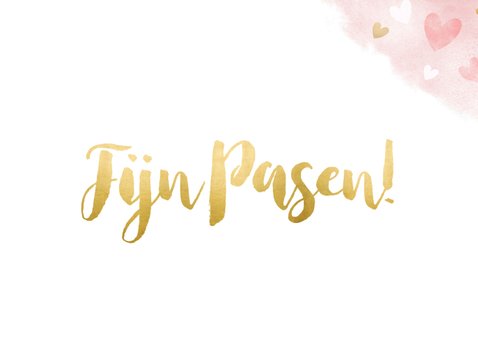 Vrolijke paaskaart met gouden hartjes en roze waterverf 2