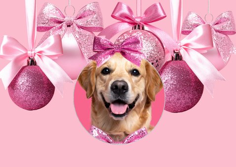 Vrolijke roze kerstkaart kerstballen strikken en foto's 2