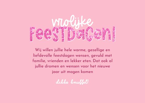 Vrolijke roze kerstkaart kerstballen strikken en foto's 3