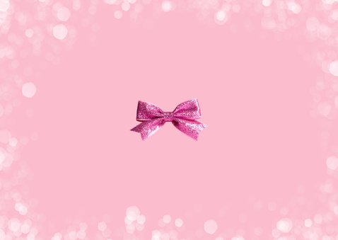 Vrolijke roze kerstkaart kerstballen strikken en foto's Achterkant